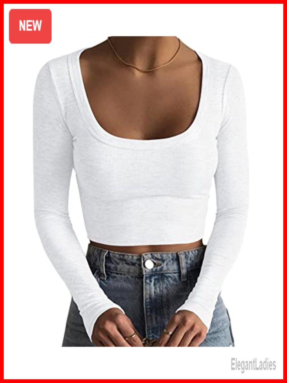 Ribbed Knit Long Sleeve Square Neck Crop Top Slim Fit Casual Basic